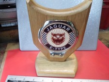 Metal Jaguar E Type Badge / Mascot / Emblem on an Oak Wood Display Plaque Stand
