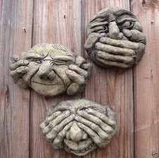Ugly faces gargoyle STONE wall plaques set 3 See Hear Speak no Evil 12cm/5" H