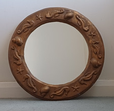 Large 1990s ceramic seashell, starfish and seahorse mirror. Made by Ann Perry.