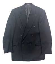 vtg 90s Double Breasted 38R 39R Blazer Jacket Sport Suit Coat 100% Wool Black