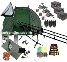 3 Rod Carp Set Up Kit Fishing Rods Reels Alarms Bait Tackle Mat Shelter Net NEW