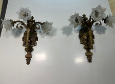 Antique French Wall Sconces Pair of Large 3 Arm Brass Floral Ornate Appliques