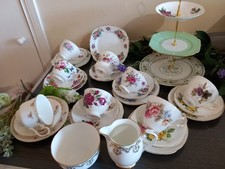 Vintage English Floral Mismatched Bone China Afternoon Tea For 8 With Cake Stand