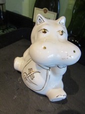 A Pre-owned Ceramic Hippo Money Box - White with Gilded Decoration - Good