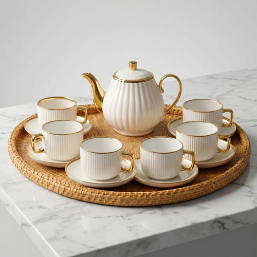 White ceramic tea set gold - ceramic,