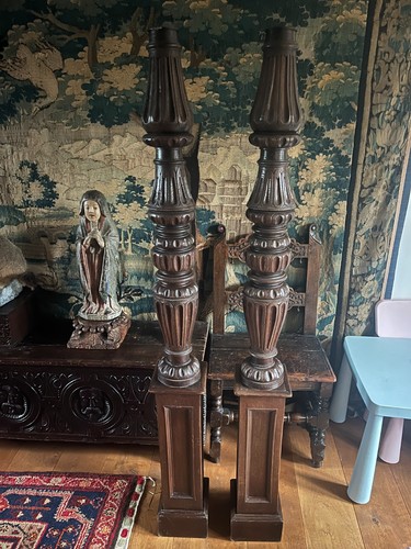 Antique carved oak bed - carved, posts
