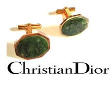 Vintage Dior Gold Tone Cufflinks With A Polished Oval Jade ? Insert