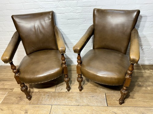 Pair antique leather armchairs - leather,