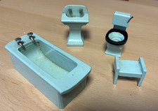 Vintage Doll's House Wood Bathroom Set - Dolls bath sink toilet & stool - Green