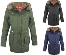 LADIES WOMEN FAUX FUR HOOD MILTARY PARKA COAT QUILTED PADDED WARM JACKET 8-16