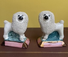 English Pair Staffordshire Pottery Confetti Minature Poodle Dog Figurines 19th C