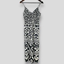 Lipsy London Womens UK 10 Black White Strappy V Neck Maxi Dress Ikat Print