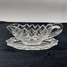 Cut Glass Gravy Sauce Boat Jug & Saucer 1930s Vintage Diamond Pattern 80ml