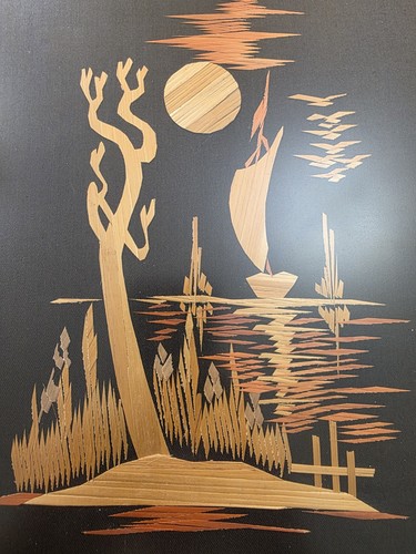 Framed asian straw marquetry - straw,