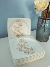 SET OF 8 WEDGWOOD PLATO GOLD BONE CHINA 7.75" SALAD PLATES