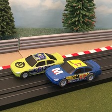 Micro Scalextric Pair 1:64 Cars - American Stock Cars - Blue #17 & Green #6