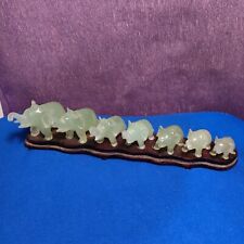 7pc  Chinese Jade Elephants Figurines Light Green Colour on Wooden Base