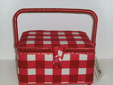 Hobby Gift Medium Red/White Over Sized Check Design  Fabric Covered Sewing Box