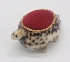 Vintage Sea Shell Turtle Red Pin Cushion Holder Figurine Figure