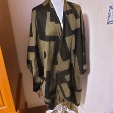 Next Women’s Ladies One Size Shawl / Open Throw Khaki And Black Fringe Geo