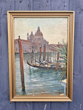 ANTIQUE VENICE BASILICA SANTA MARIA DELLA SALUTE CHURCH PAINTING GONDOLA VINTAGE