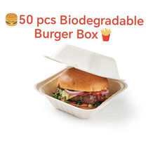 Burger Boxes 6" (450ml) 50pcs White Bagasse Biodegradable Burger Container