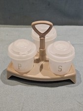 Tupperware Three Piece Cruet Set On Beige Stand Salt Pepper Mustard Pots Rare