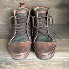 Nicole Farhi Size 7.5/42 High Top Tan Leather & Oiled Green Canvas Trainers