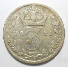 3d 1891 VICTORIA COIN 925 STERLING SILVER THREE PENCE THREEPENNY PIECE
