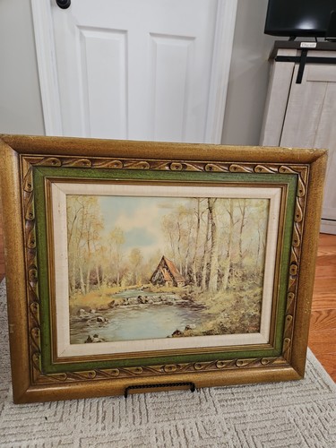 Framed landscape cottage oil - framed,