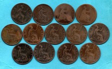 13 X QUEEN VICTORIA BUN PENNY COINS DATED 1862 - 1893. INCLUDING 1870. JOB LOT.