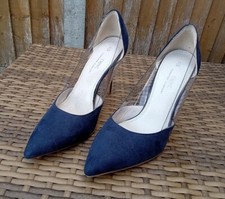 Next Ladies Faux Suede Navy Clear Perspex Court Shoes High Heels UK 5.5 (38.5)