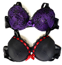 2 x GEORGE Michelle 38B padded PUSH-UP PLUNGE BRAS undewired PURPLE/BLACK unworn