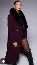 River Island Faux Fur Collar Double Breasted Coat - Wine UK 10