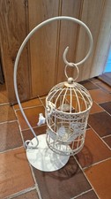 Cream Metal Hanging Bird Cage & Stand Tea Light Candle Holder