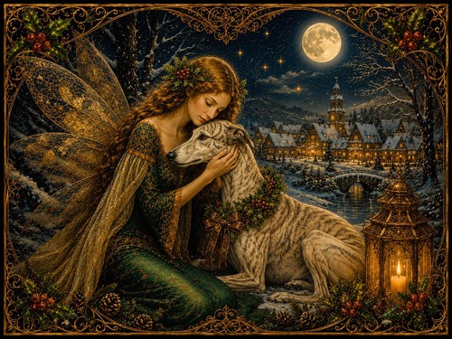 Christmas fairy and greyhound - and,