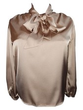 Bronze shiny satin pussybow long sleeve blouse. 44"/46" bust New 18/20 UK