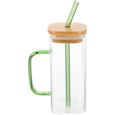 Students Transparent Glass Water Bottle With Silicone Straw And Bamboo Lid 400ml