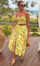 Zara Floral Printed Linen Blend High Waist Skirt Yellow Size M 8351/038 