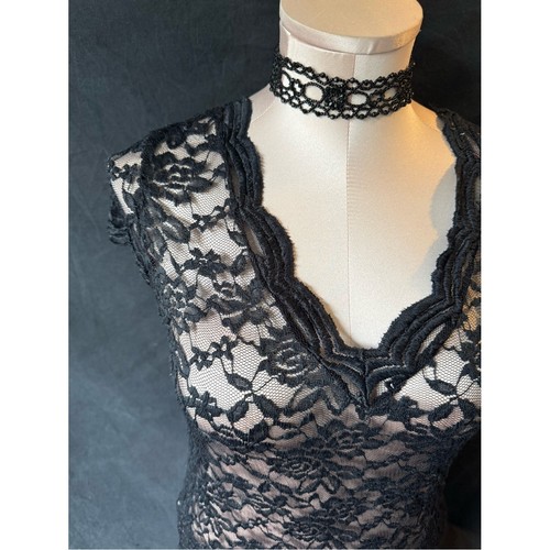 Sheer black floral lace - black, v-neck