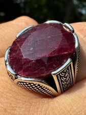 Natural Ruby Gemstone Mens Real Solid 925 Sterling Silver Oval Ring Big 18ct