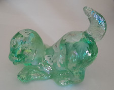 C Curry Fenton Green Glass Dog Hand Painted Signed