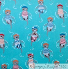 BonEful Fabric FQ Cotton Quilt Aqua Blue Red White Stripe Sea Otter Beach Animal