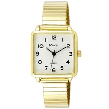 Ravel Ladies Classic Clear Square Gold Expanding Strap Watch R0239.01.2  New