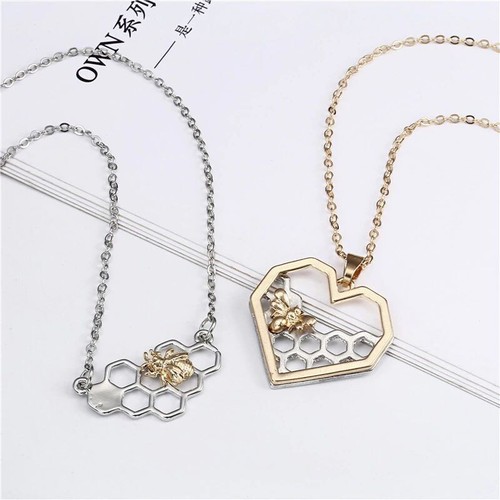 Honeycomb bee necklace silver - bee,