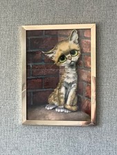 Vintage Big eyed cat print, framed, kitsch, 60's, 12"x17" frame