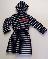 Personalised boys luxury fleece hooded navy white stripe dressing gown age 5/6