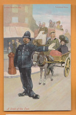 Comic- The Limb of the Law- Policeman in London holding back Donkey & cart.  PC