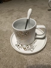 White & Gold Arabic Calligraphy Style Ceramic Mug, Dish & Spoon Set