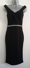 NEW Ex Deben*ams Black Bardot Diamante Waistband Midi Bodycon Dress Size 8-18